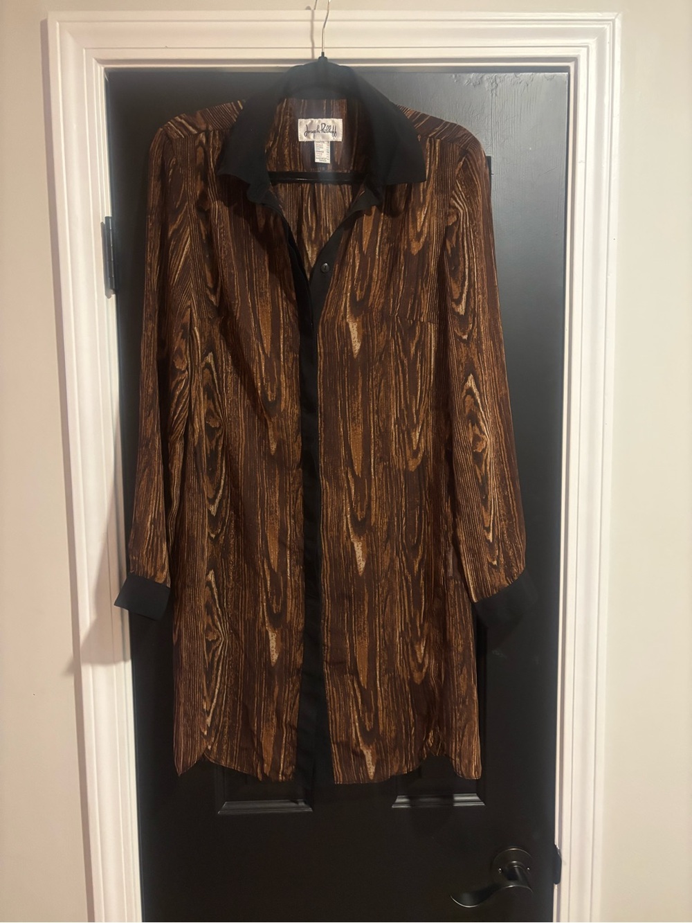 Joseph Ribkoff Brown Woodgrain-Print Long Shirt Jacket with Black Trim